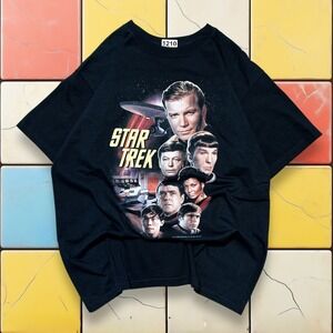 VTG‎ Star Trek Promo Tee Y2K Men L Black Sci-Fi TV Show Captain Kirk Spock Art
